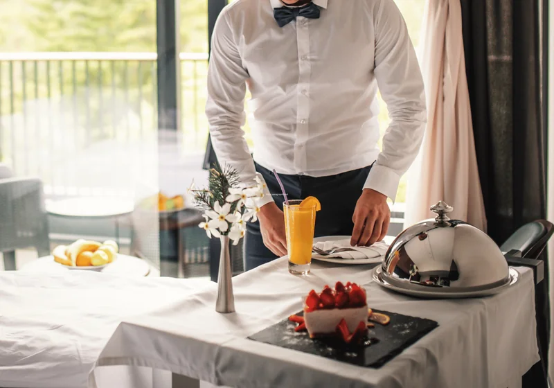 Elegant room service dining tray with breakfast