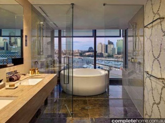 Elegant hotel bathroom with premium fixtures and Scandinavian design